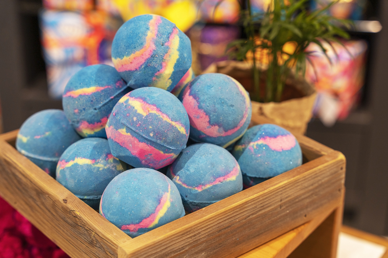 Colorful beautiful handmade Aromatic bath Bombs in a Wooden box